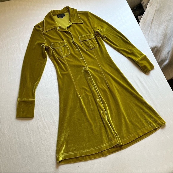 THOME vintage velvet snap button up long sleeve mini shirt dress - Picture 1 of 5